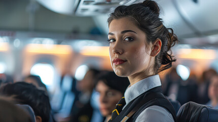 Sticker - Calm yet Serious Flight Attendant Demonstrating Brace for Impact Procedure to Passengers