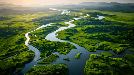 Wall Mural - aerial view of a river delta with lush green vegetation and winding waterways 