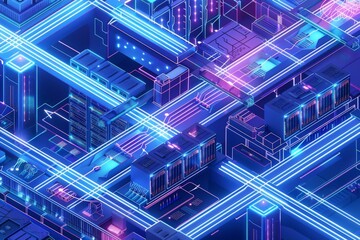 Wall Mural - isometric blueprint of a data center, showcasing multiple floors, server racks, and network pathways