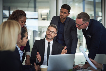 Poster - Business people, attorney and laptop in meeting for legal solution, leadership and collaboration at law firm. Talking, teamwork or lawyer in discussion for feedback, planning or project in corporate