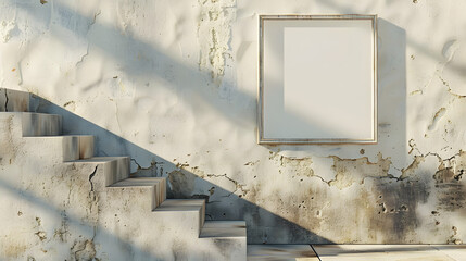 Canvas Print - Sunlight casts shadows on minimalist stone steps and a blank frame on a textured wall, creating a serene, geometric composition