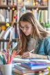 © siripimon2525 - Portrait of an American student decorating their study area, colorful stationery and books, focused and creative