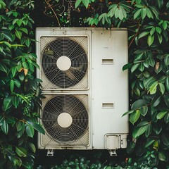 The image shows an outdoor air conditioning unit with two fans. 