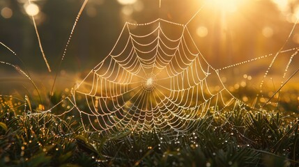 A spider web is shown in the grass with dew on it