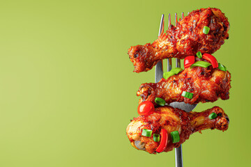 Wall Mural - Three pieces of chicken are on a fork, with a green background