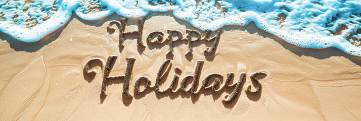 Wall Mural - A beach scene with the words Happy Holidays written in sand