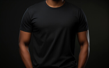 Wall Mural - A black man wearing a plain black t-shirt stands against a black background. The image is perfect for showcasing clothing designs or mockups