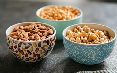 Wall Mural - Nutritious Breakfast Choices Three Bowls of Cereal and Nuts on Table for Balanced Diet and Health.