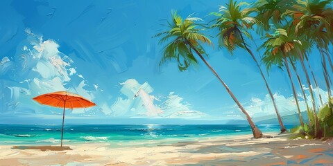 Wall Mural - Vibrant Tropical Beach with Palm Trees and Orange Umbrella