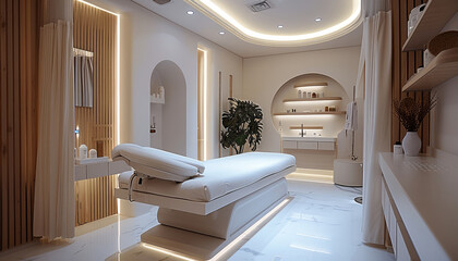 Poster - A minimalist aesthetic clinic room. white walls with soft, ambient lighting. Include a sleek treatment bed in the center, with modern medical equipment neatly organized around it. Generative AI.