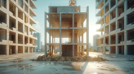 Poster - Concept of the building is inspected. Developer of real estate. Designed to withstand earthquakes, Construction of a multi-store concrete monolithic building. Many support and load-bearing beams.