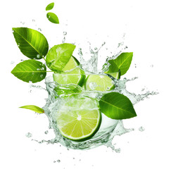 Wall Mural - lime and water splash isolated on transparent white background, clipping path