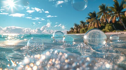 Wall Mural - Bubbles floating in a tropical beach setting. Generative AI.