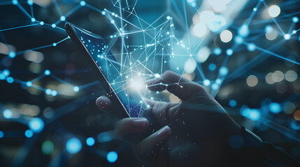 Wall Mural - hand using smartphone with digital technology data communication network and telecommunication conce
