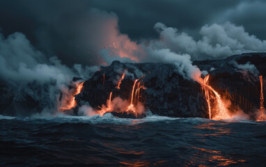 Wall Mural - A large lava flow is pouring off of an island in Hawaii. The water is dripping with glowing orange and red liquid that forms vertical columns as it falls into the ocean waves below