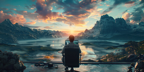 Aufkleber - Rear view. A software developer, working at his computer coding software surrounded by a beautiful hyperrealistic landscape. Generative AI.