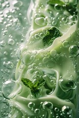 Poster - Macro shot of a light green minty liquid beverage. Generative AI.