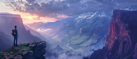 Wall Mural - A man with a backpack standing on top of a mountain looking at a beautiful valley below