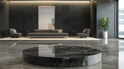 Wall Mural - A black marble table sits in a large room with a white rug. Product presentation background