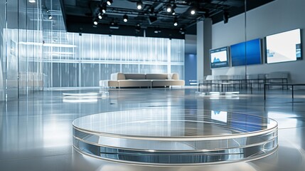 A large room with a clear glass table in the center. Product presentation background