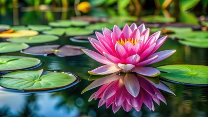 Poster - Pink water lily blooming in a pond with lily pads , nature, flower, lily, pink, water, pond, blooming, beauty, serene, aquatic