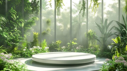 Wall Mural - A white round table is surrounded by a lush green garden. Product presentation background