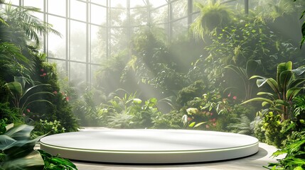 Wall Mural - A large, round stage is surrounded by lush greenery and plants. Product presentation background
