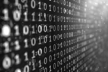 binary code displayed on digital screen with matrix style background.