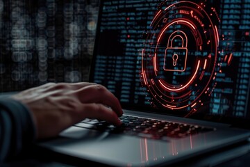 Digital security concept with laptop and binary code encryption.