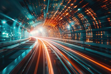Fast moving binary code on blurred track  digital technology concept.