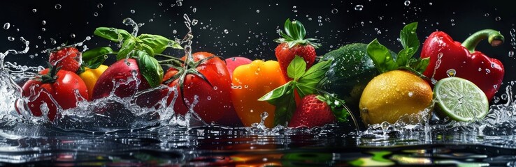 Wall Mural - Water Splashing on Colorful Fresh Produce