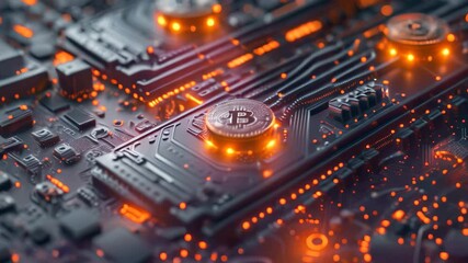 Wall Mural - Bitcoin Close Up on Computer Chip, Depicting the relationship between electricity consumption and cryptocurrency mining