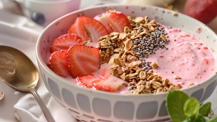 Sticker - A bowl filled with yogurt, fresh strawberries, and chia seeds, Design a smoothie bowl topped with granola and sliced fruit