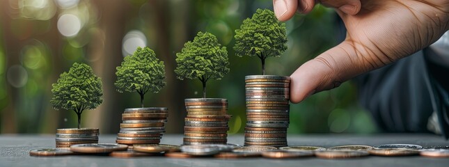 Wall Mural - Growing stacks of coins with trees, symbolizing investment, savings, and sustainable financial growth or ESG concept.