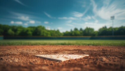 A baseball field under a partly cloudy sky, with a focus on home plate and the pitching mound in the foreground.