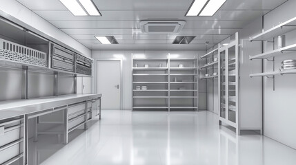 Wall Mural - An industrial freezer room with clean, white walls and a shiny floor, featuring stainless steel shelves, work surfaces, and storage cabinets