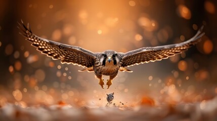 A majestic hawk launches into flight over a blurred, autumn-colored background, capturing the essence of wild nature in action.