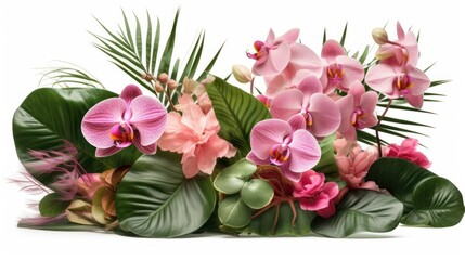 Poster - Arrangement of pink orchids and green leaves on white background