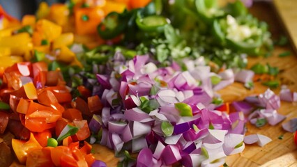 Poster - Red onions, bell peppers, and jalapenos diced on a cutting board, Diced red onions, bell peppers, and jalapenos adding a spicy kick to the smoked salmon salad