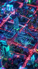 Wall Mural - A cityscape with neon lights and buildings