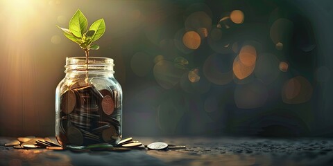 Wall Mural - Plant Growing From Coins In A Jar Symbolizing Investment Growth And Financial Success