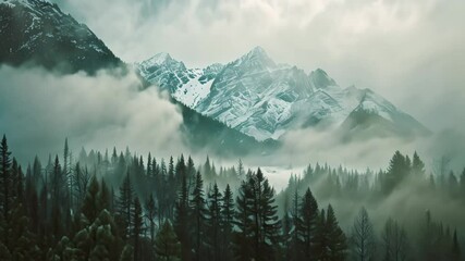 Poster - Fog envelops a mountain range with snow-capped peaks in the background, framed by trees, Distant snow-capped peaks peeking through a foggy forest