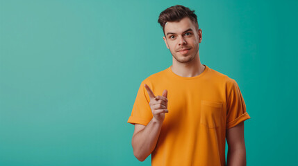 Young handsome man wearing casual clothes with a big smile on face, pointing with hand and finger to the side looking at the camera.