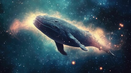 Wall Mural - Surreal art design of a whale floating in space with a cosmic background and starry sky. Digital art of whale swimming in the space with gradient watercolor and glowing star in the night sky. AIG35.