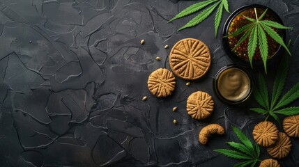 Wall Mural - CBD dessert on dark background with hemp biscuits and cannabis leaf Overhead view with space for text