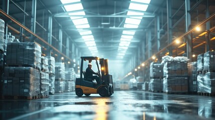 Wall Mural - A photo of smart industrial worker working and driving forklift at warehouse. Skilled warehouse worker preparing for carrying the product at modern warehouse. Logistic production concept. AIG42.