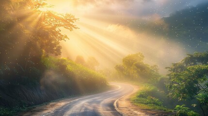 Poster - Misty road winding through a forest at sunrise