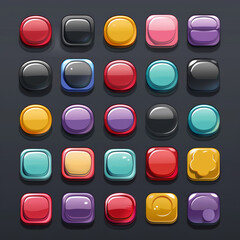 A collection of buttons in various colors and shapes, designed for use in games and apps.