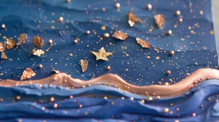 Wall Mural - A smooth sapphire blue clay surface with rose gold leaf inclusions, crafted into an elegant and artistic decorative piece, with little stars adding a sparkle.