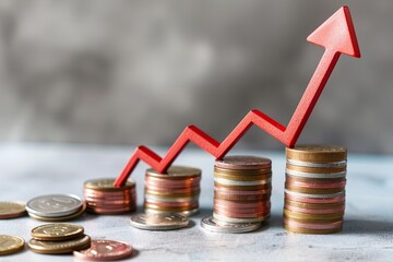 Wall Mural - Stacks of coins with upward arrow, symbolizing financial growth, investment success, and economic prosperity.